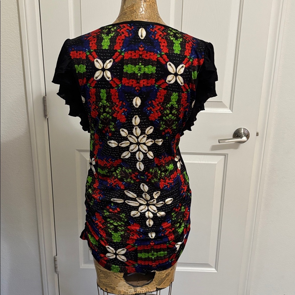 Custo Barcelona Line blouse top (3) shell abstract print ruffle sleeve Y2K boho - Picture 3 of 9